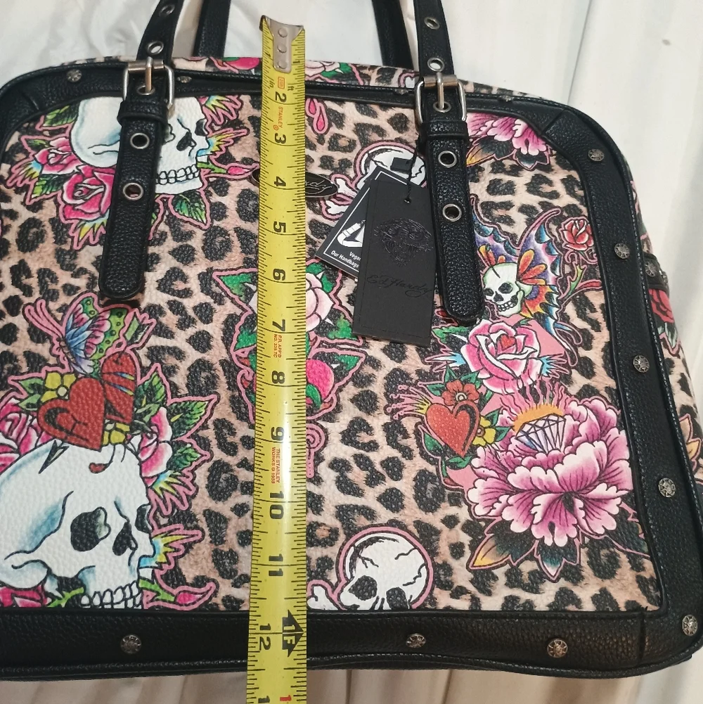 New Ed Hardy leopard print satchel with pink floral and skull graphics